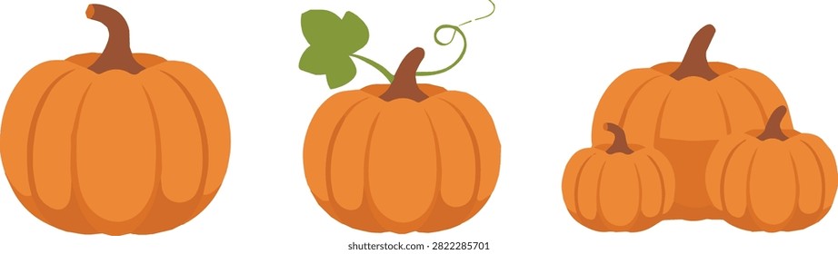 pumpkins with leaves and vines set, stylized autumn harvest design