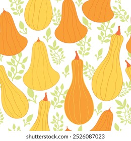 pumpkins with light green leaves fall, autumn, spring, summer, floral seamless pattern. orange squashes and pumpkins seamless pattern. It is good for decorations, tiles, textile, fabric and arts.