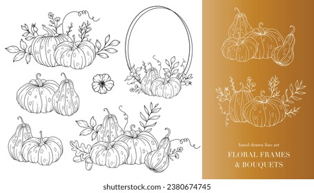 Pumpkins Line Art Illustration, Outline Pumpkin arrangement Hand Drawn Illustration. Coloring Page with Pumpkins.  Thanksgiving Pumpkins Frame. Thanksgiving Pumpkins set