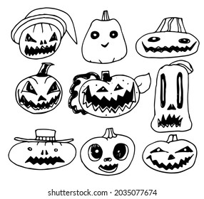 Pumpkins line vector set. Funny doodle faces for All Saints Day. Festive taverns with cut-out eyes and mouth.