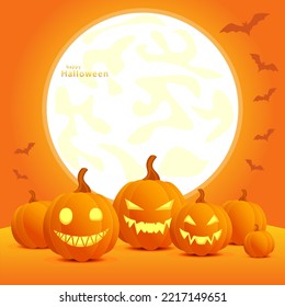 Pumpkins with luminous faces against the background of the full moon. Happy Halloween, illustration in yellow-orange color