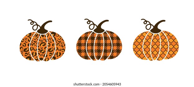 Pumpkins made of buffalo plaid, leopard and arabesque pattern.  Cute autumn decorations. Vector template for Thanksgiving day, Halloween, harvest festival, etc.