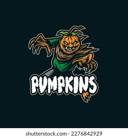 Pumpkins mascot logo design vector with modern illustration concept style for badge, emblem and tshirt printing. Angry pumpkin illustration for sport team.