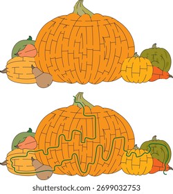 Laberinto de calabazas para niños con una solución