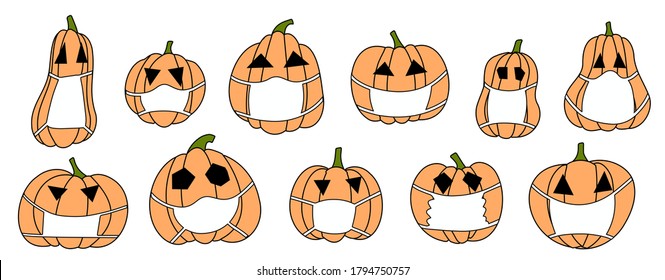 pumpkins in medical protective masks. concept of all saints' eve. pumpkins with carved eyes. vector set for halloween.