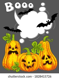 Pumpkins monster with a carved horrible smile. Happy Halloween. Vector template in a cartoon style for your design for the holiday. The main symbol the Halloween holiday.