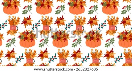 Pumpkins and Mug with Hello Autumn Text and Autumn Leaves Composition Seamless Pattern Banner Format