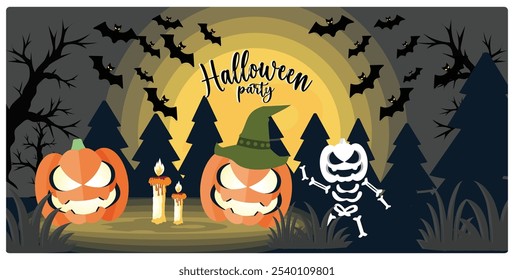 Pumpkins, mummies, bats, and candles at night. Scary Halloween traditions. Halloween concept. Flat vector illustration.