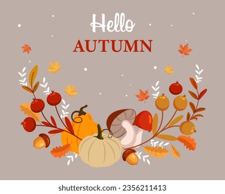 Pumpkins, mushrooms, acorns, rowan and maple leaves on a beige background. Autumn print, postcard, frame, vector	