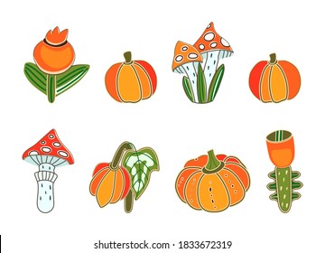 Pumpkins mushrooms flowers on a white background. Vector illustration. Autumn set of icons. Halloween. Abstract hand drawn decorative pumpkin and mushrooms. Harvest food vegetables mushroom fly agaric