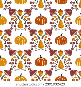 Pumpkins and Mushrooms Geometric Fall Vector Seamless Pattern