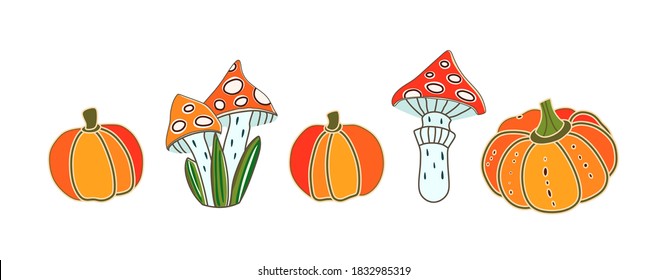 Hongos y calabazas otoñales sobre un fondo blanco