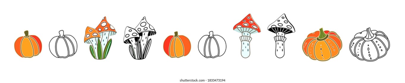 Pumpkins and mushrooms on a white background. Vector illustration. Autumn set of icons. Halloween. Abstract, hand drawn, decorative pumpkins and mushrooms. Harvest food vegetables mushroom fly agaric