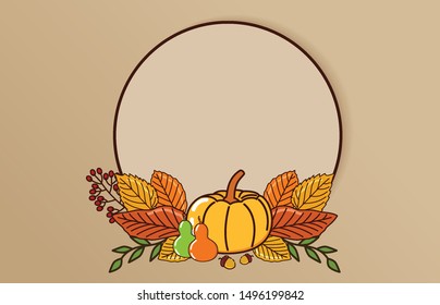 Pumpkins, oak seeds and autumn leaves with circular frames on a brown background, the creative concept of the autumn celebration and the Thanksgiving Festival, with a modern flat design style. 