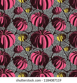 Pumpkins on an abstract background. Seamless pattern.