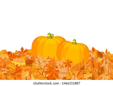 Pumpkins on autumn leaves flat vector illustration. Yellow oak, chestnut tree foliage. Orange gourds, vegetable harvest on fallen leaves decorative postcard, Halloween poster design element
