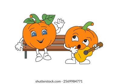 Pumpkins on a bench with a guitar. Funny cartoon characters on a walk, hand-drawn.