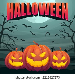 Calabazas en el fondo del cementerio. Pancarta de Halloween para las redes sociales. Vector.