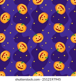 Pumpkins on a dark blue night sky with stars. Seamless Halloween pattern, print, background, vector illustration