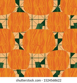 Pumpkins on geometric triangle background seamless pattern design print. Retro style vector illustration.
