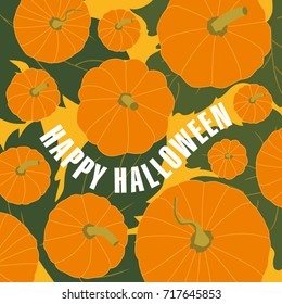 Pumpkins on a leaf background.
A pumpkin field seen from above for a Halloween card with original graphics in shades of orange and green.