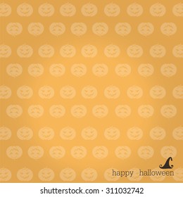 pumpkins on orange background with text happy halloween and hat.