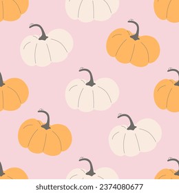 Pumpkins on pink seamless pattern. Autumn holidays and harvest season symbol. Vector illustration design for textile, fabric, background, backdrop, wrapper, packaging.