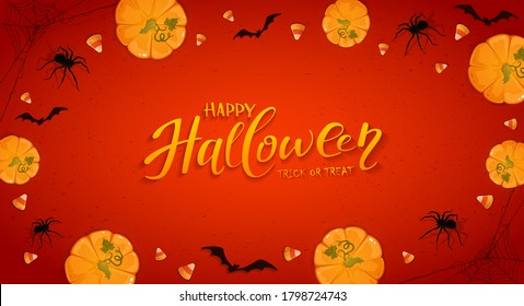 Pumpkins on red Halloween background with candies, bats and spiders. Card with Jack O' Lanterns and lettering Happy Halloween. Illustration can be used for children's holiday design, banners, cards