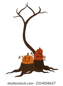 Pumpkins on stumps, autumn tree without leaves. Isolated halloween object on white background. Flat design vector illustration.
