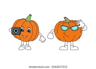 Pumpkins on a walk. Funny cartoon characters - tourists with glasses and a camera, hand-drawn.