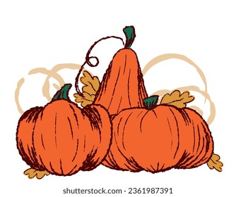 Pumpkins on a white background drawn with a brush, autumn set, dud style, leaves, background, vector