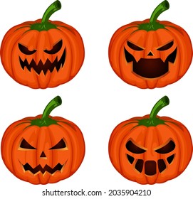 Pumpkins on a white background. Orange pumpkin with scary face for your design more interesting on Halloween holiday. Vector illustration.
