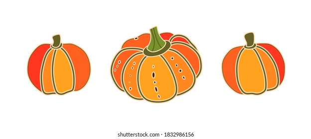 Pumpkins on a white background. Vector illustration of pumpkin. Autumn set of icons. Collection for Halloween and Thanksgiving. Abstract hand drawn decorative pumpkin. Autumn harvest. Food, vegetables