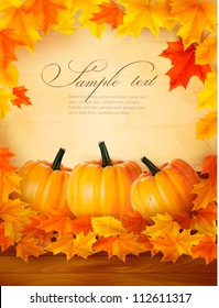 Pumpkins on wooden background with leaves. Autumn background. Vector.