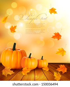 Pumpkins on wooden background with leaves. Autumn background. Vector. 