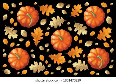 Pumpkins, orange and golden leaves on the dark background, hand-drawn.