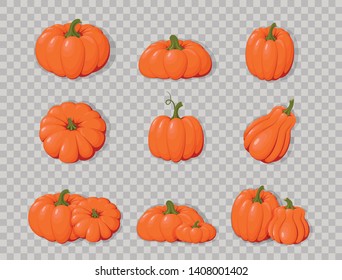 Pumpkins. Orange vegetable pumpkins. Isolated on transparent background.  Set  design elements invitations, congratulations, happy Thanksgiving, harvest festival, autumn poster design. Vector 
