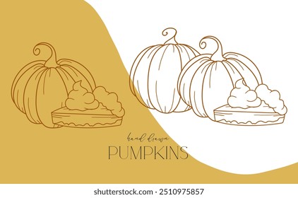Pumpkins outline isolated on white. Pumpkins line art ilustration. Fall Pumpkins Hand Drawn. Fall Coloring Page. Thanksgiving graphics