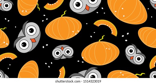 Pumpkins and owls seamless pattern, halloween and autumn harvest concept