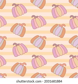 Calabazas en colores pastel. Patrón vectorial sin cable. Diseño de otoño para el Día de Acción de Gracias y Halloween Feliz. Ilustración para tela, papel, embalaje.