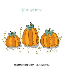 Pumpkins patch vector illustration. Perfect background with hand drawn pumpkins