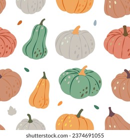 Pumpkins pattern. Autumn pumpkins seamless banner. Autumn halloween vegetables background. Vector illustration.