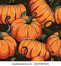 Pumpkin's pattern. Buy a pumpkin to celebrate this event and decorate it for the Halloween holiday. Ghost and death are playing trick-or-treat. Vector illustration for a postcard for All Saints' Day. 