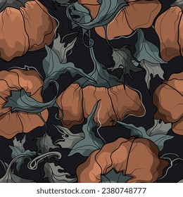 Pumpkin's pattern. Buy a pumpkin to celebrate this event and decorate it for the Halloween holiday. Ghost and death are playing trick-or-treat. Vector illustration for a postcard for All Saints' Day. 