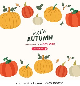 pumpkins pattern with hello autumn sale banner illustration, vector, shopping, flash sale and big sale