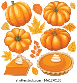 Pumpkins, Pumpkins Pie and Autumn Leaves Vector Elements isolated on white
