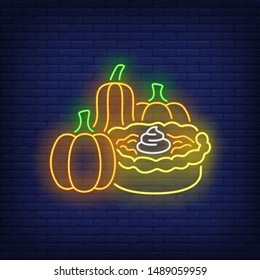 Pumpkins and pie neon sign. Glowing neon pie. Pastry, pumpkin, Thanksgiving day. Night bright advertisement. Vector illustration in neon style for cafe and restaurant