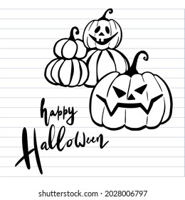 Pumpkins pile with a scary faces and lettering on a lined notebook background. Happy Halloween party design print card, invitation, banner. Funny hand drawing style vector illustration.