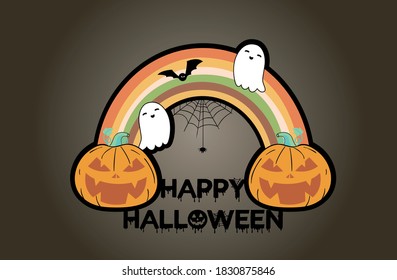 pumpkins with rainbow. Spider, ghosts, bat and pumpkins drawing for halloween. Happy halloween slogan with scary items.