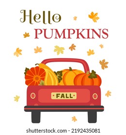 Pumpkins in red farm pickup, autumn leaves on white background vector illustration. Fall harvest vintage truck car design. Autumn season agriculture festival invitation, Thanksgiving greeting template